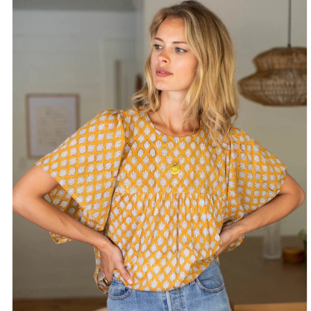Emerson Fry Basalie Top- Sisters Yellow Block Print Top- size Small